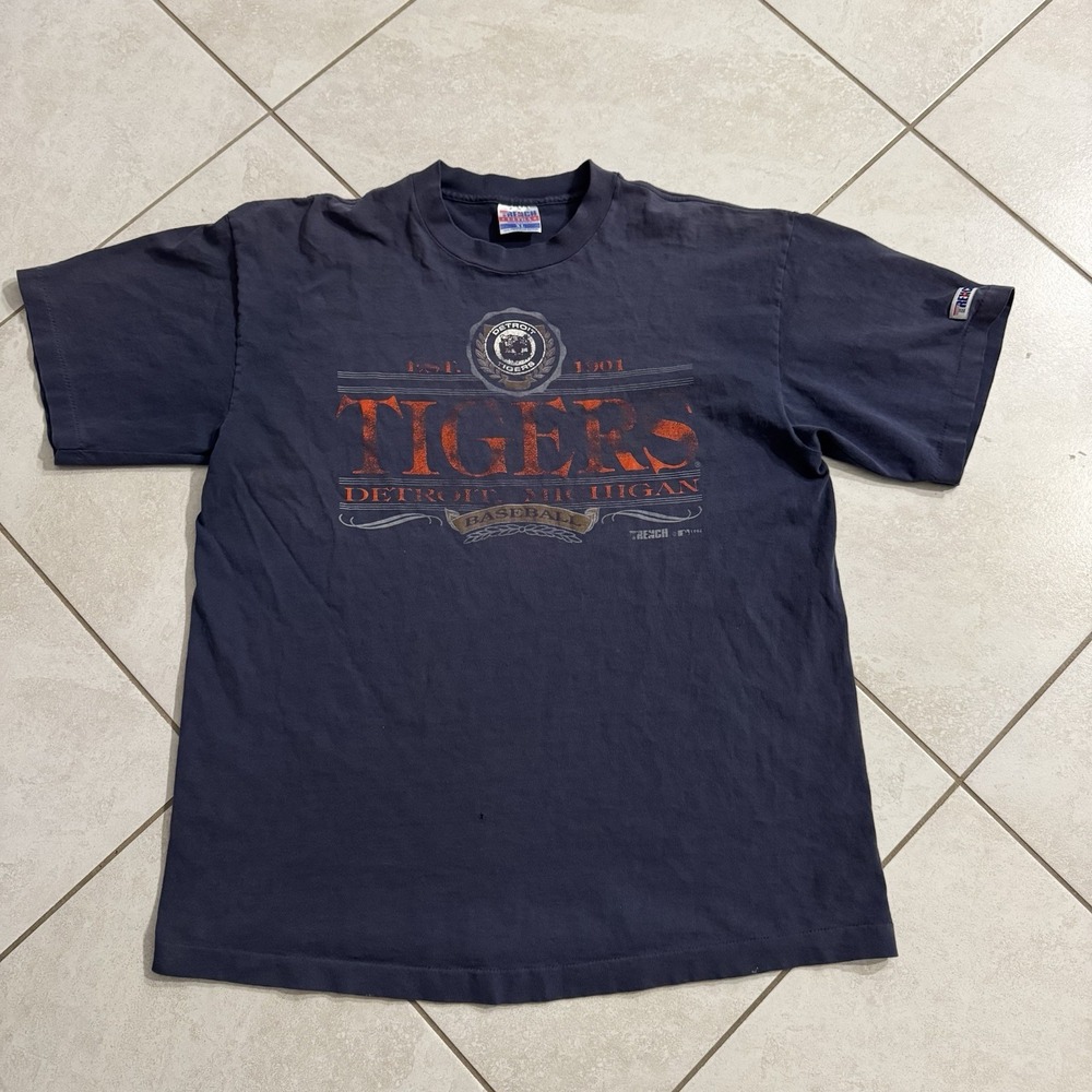 Vintage‎ Detroit Tigers Shirt Mens XL Blue Trench Single Stitch Made In USA 90s